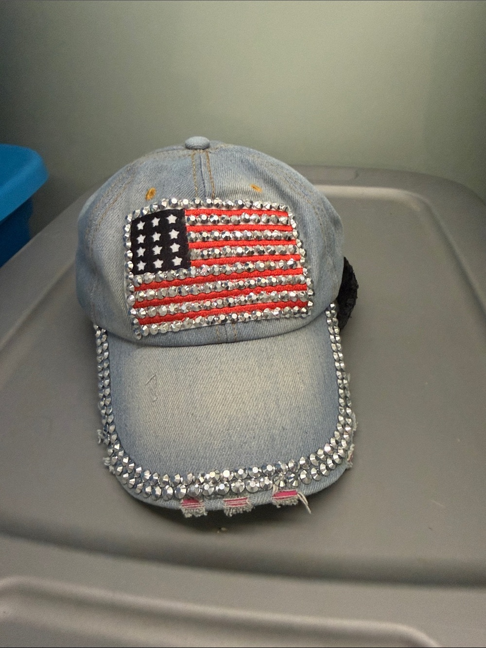 Embellished Denim Baseball Cap with American Flag